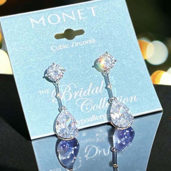 NEW Monet Pear Shape Drop Earrings CZ Glam Wedding Holiday Bride‎ Elegant Bling - Picture 5 of 10